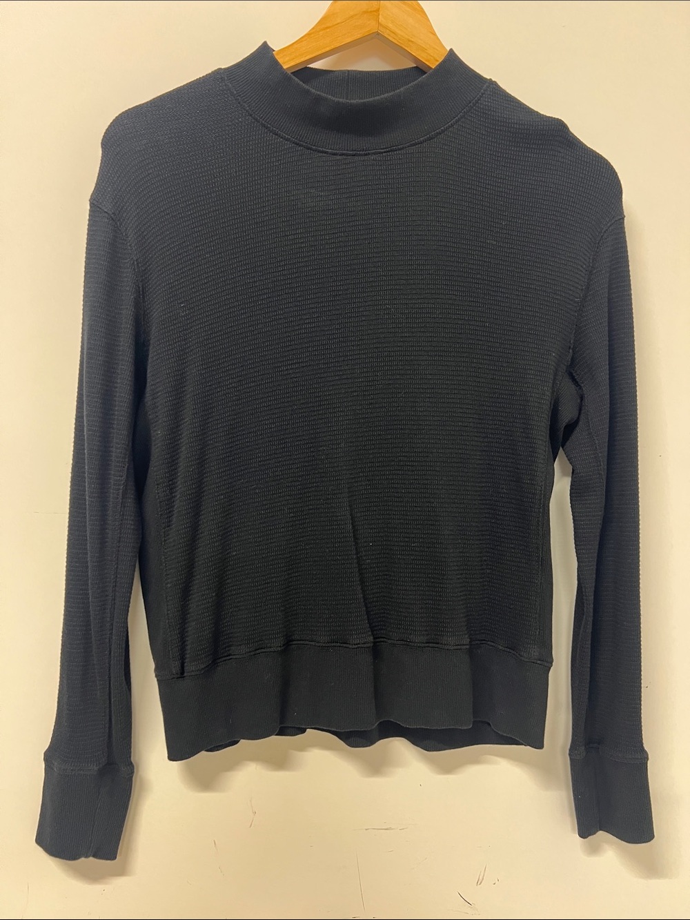 Monroe Black Long Sleeve T shirt, XS, Mock Neck, Banded Cuff and Waist, Textured
